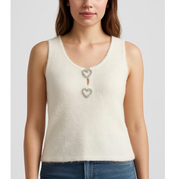 JCPenny Juniors Fuzzy Knit Top Small Cream Rhinestone Heart Closure NEW - Picture 1 of 6